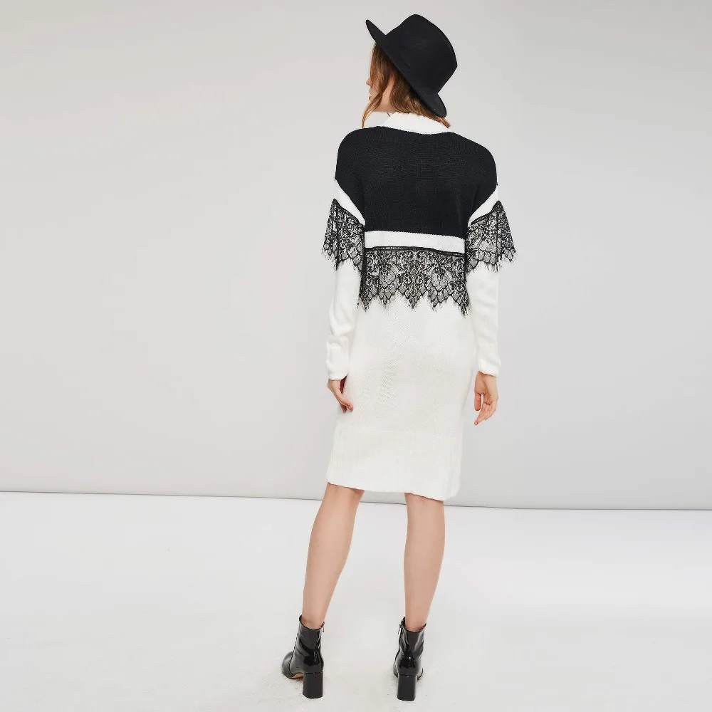 Women Fashion Lace Sweater Dress White Black Color Block Boho Autumn Winter Knitted Loose High Collar | Женская одежда