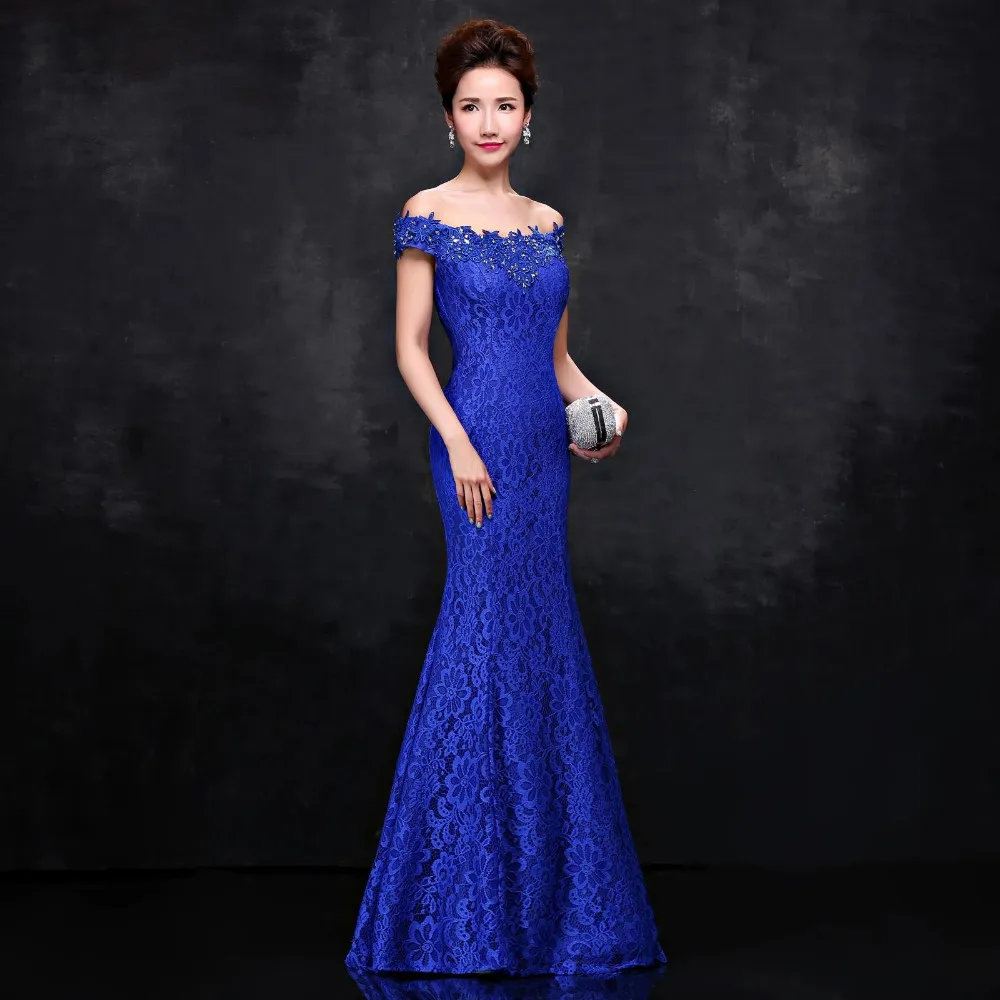 Vestido De Noiva Длинные Русалка Синий Кружево Подружкам невесты Off The Shoudler