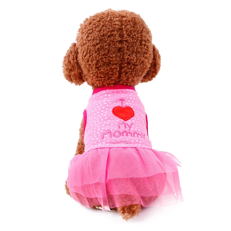 Розовое фиолетовое платье для собаки с сердечками надписью I Love Mommy летнее пачка