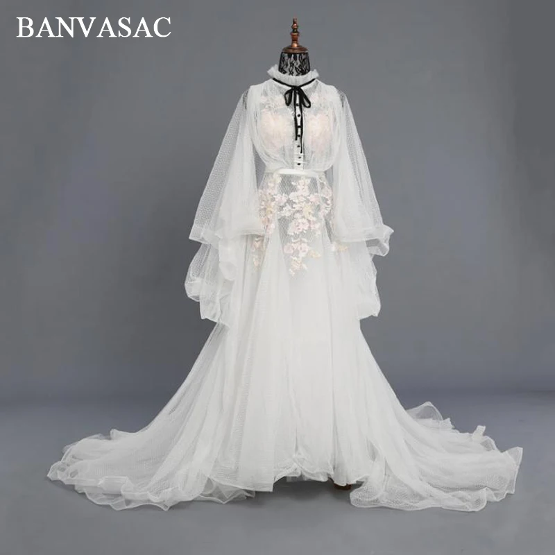 

BANVASAC 2018 Real Photos Illusion A Line Wedding Dresses High Neck Lace Appliques Embroidery Sweep Train Bridal Gowns