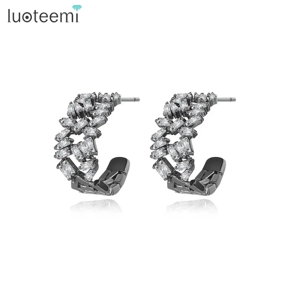 

LUOTEEMI Brand Semi-annular Stud Earrings for Women Party Luxury CZ Stone Fashion Two Colors Exquisite Pendientes Christmas Gift
