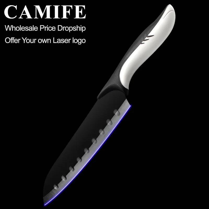 E.7 inch Santoku Черный кухонный инструмент для ножей набор столовых приборов из нержавеющей стали держатель ножей для фруктов утилита сантоку шеф-повара нож для нарезки хлеба дропшиппинг - Цвет: E.7 inch Santoku