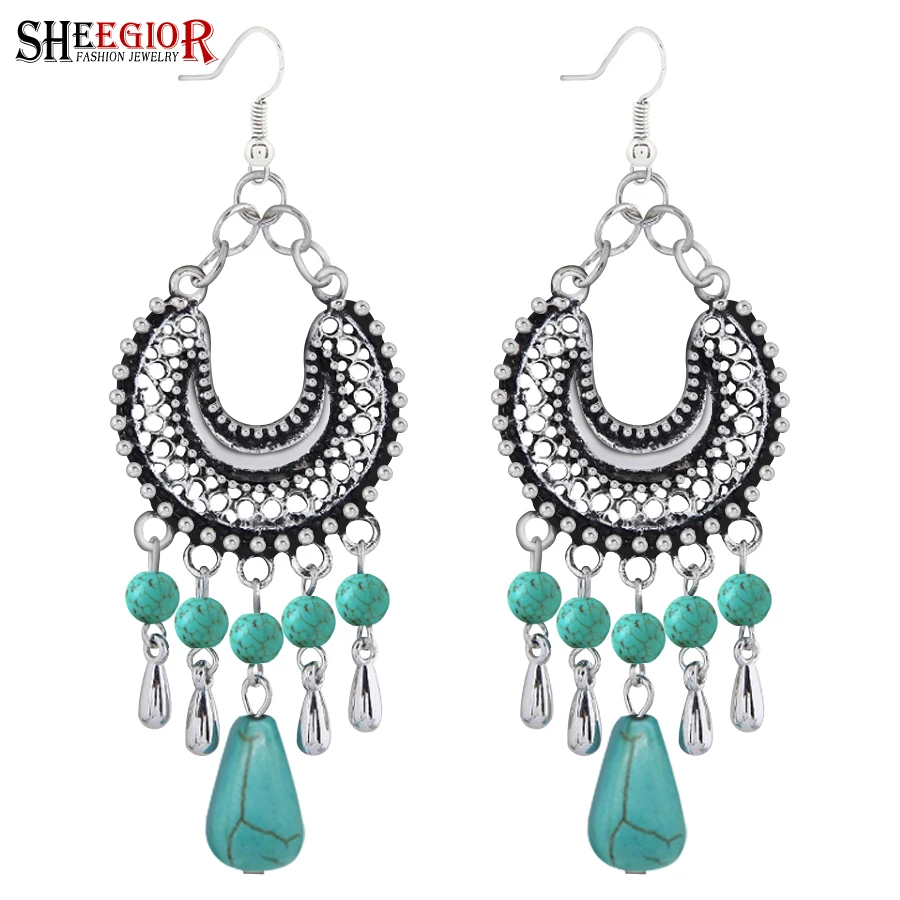 Женские длинные серьги-подвески Boho винтажные серьги с узором в виде полой Луны