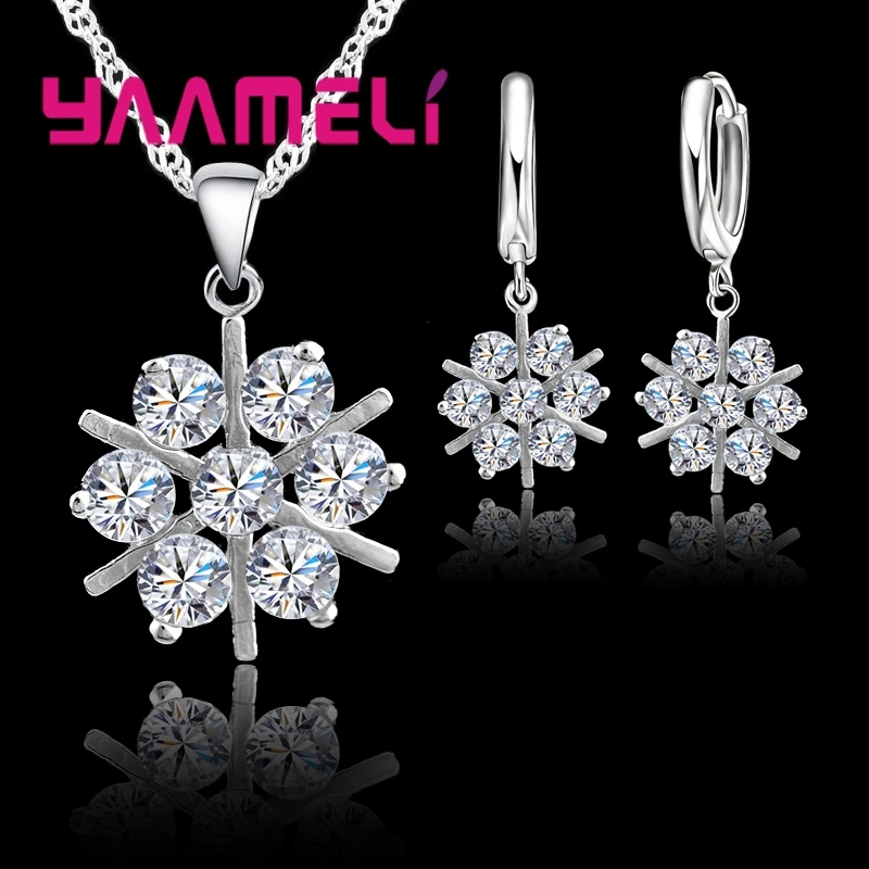 

Fashion Snowflake shape Bridal Wedding Jewelry Sets Women Fine 925 Sterling Silver Necklace Dangle Earring Sets Hot Sale