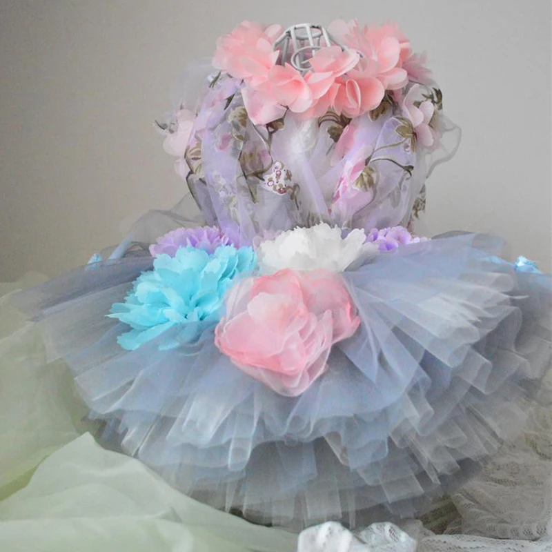 Платье для собак ручной работы одежда с вышитыми цветами и щенками Кружевное