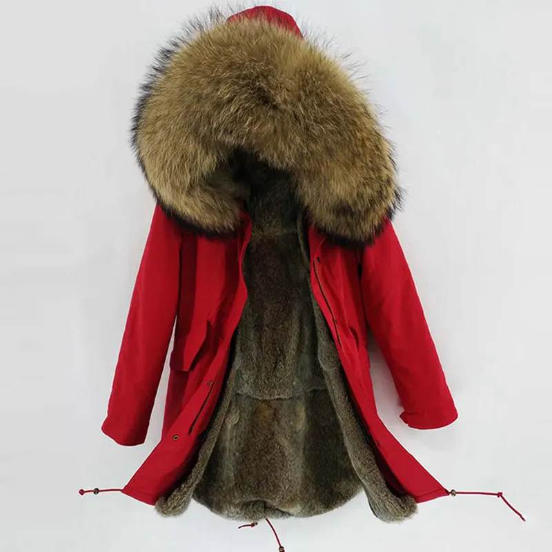 red long Новинка, мужская зимняя куртка, длинная парка, пальто с натуральным мехом, меховая подкладка, большой бренд, Толстая куртка с воротником из меха енота, теплая верхняя одежда - Цвет: red long