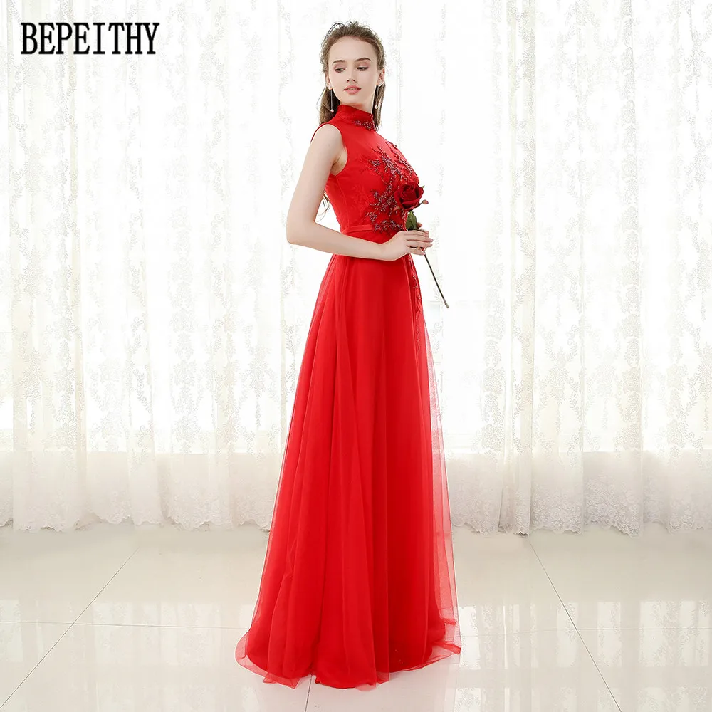 BEPEITHY Vestido De Festa платья на выпускной с бусинами и высоким воротом красные длинные
