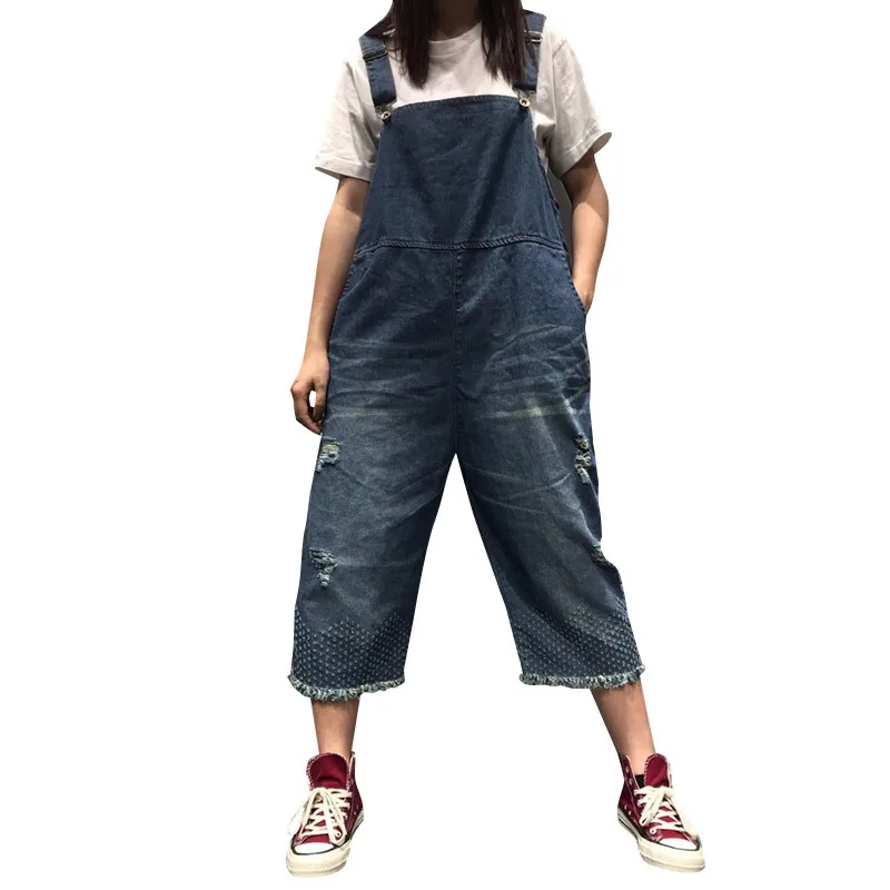 

Fashion Blue Retro Worn Out Raw Edges Denim Bib Pants Women 2019 Summer Cropped Large Size Hole Jeans