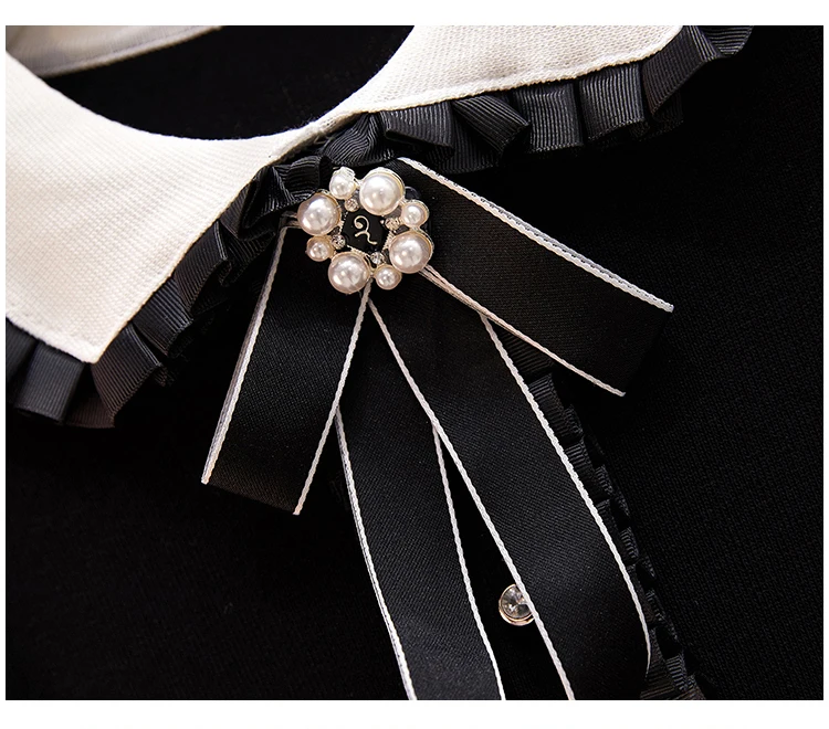 Trytree Autumn Winter Women Dress Casual Peter pan Collar Bow Embroidery Pocket Shirt Dresses Knitting Black Straight Mini Dress