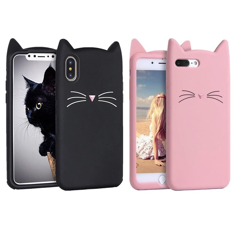 

NEW 3D Cute Cartoon Beard Cat Ears Soft Silicone TPU Case For Iphone 5 5S SE 6 6S 7 8 Plus X XS Max Rubber Coque Back Cover