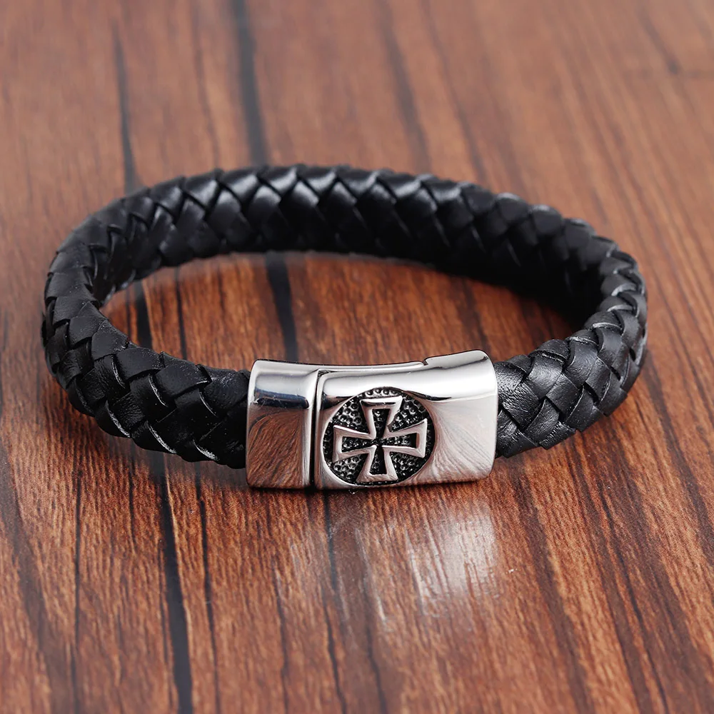 Винтажный Мужской Браслет религиозный черный плетеный кожаный перекрестный браслет мужские ювелирные изделия нержавеющая сталь Магнитная застежка браслет подарок