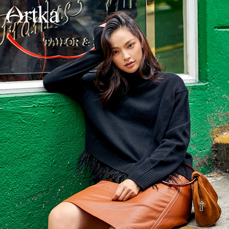 ARTKA 2018 New City Series Autumn&Winter Turtle Neck 80% Wool Removable Ostrich Fur Sweater JS17023 Женская одежда
