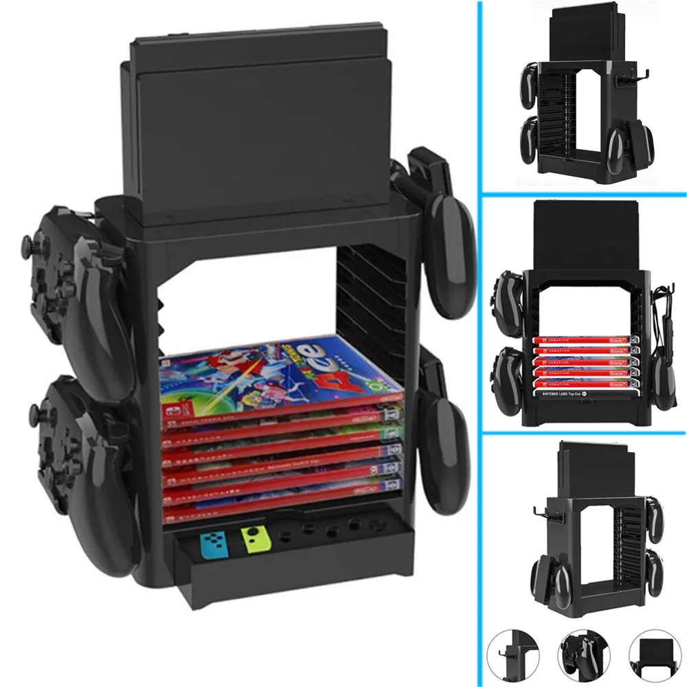Multifunctional Game Storage Tower for Nintend Switch Can take in 10 Card Box Put pro controllers Joy con and cable |
