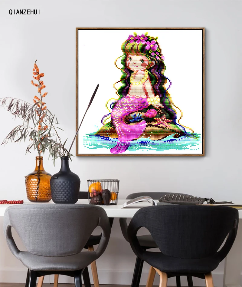 QIANZEHUI Needlework DIY printing The little mermaid Cross Stitch Sets For Embroidery kits Cross-Stitching Wall Home Decro | Дом и сад
