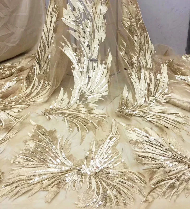 French Net Lace Fabric 2019 Latest African Guipure with Embroidery Mesh Tulle Gold Cord Sequins |