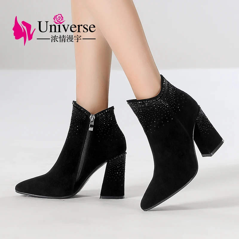 Ботинки женские замшевые черные с острым носком и кристаллами|dress boots|women dress