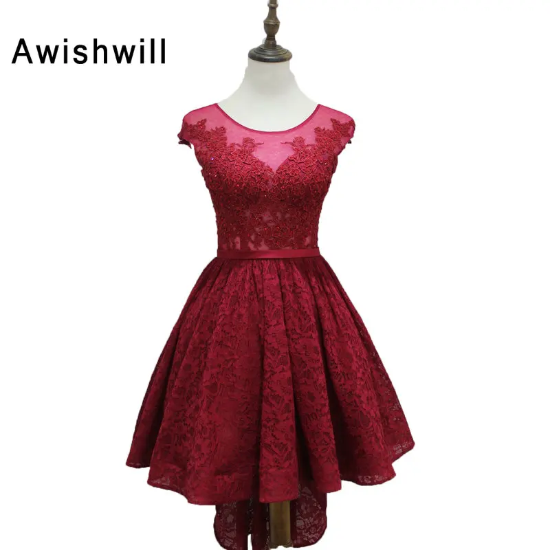 

Real Photo Lace Elegant Burgundy High Low Evening Dresses 2020 Cap Sleeve Party Dress Prom Dress Short Front Long Back