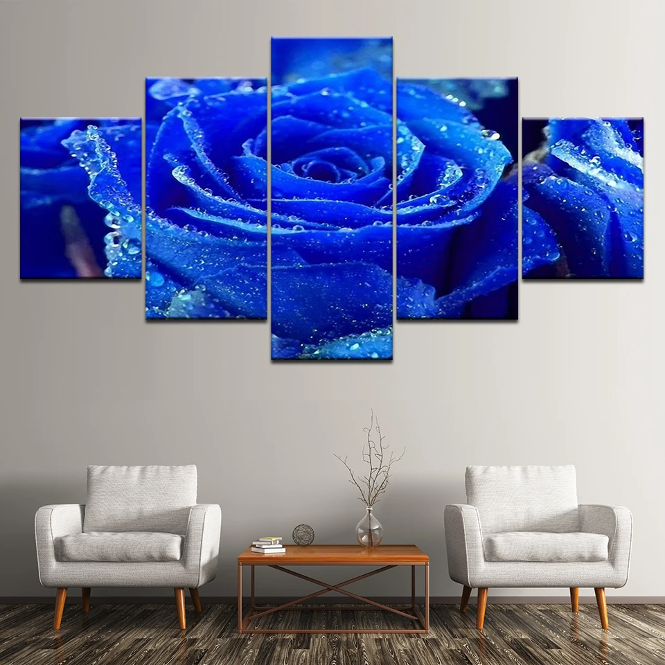 

Canvas Painting blue rose flowers 5 Pieces Wall Art Painting Modular Wallpapers Poster Print for living room Home Decor