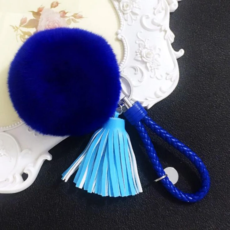 Милый брелок для ключей с кисточкой из натуральной кожи 8 см плюшевый помпоном