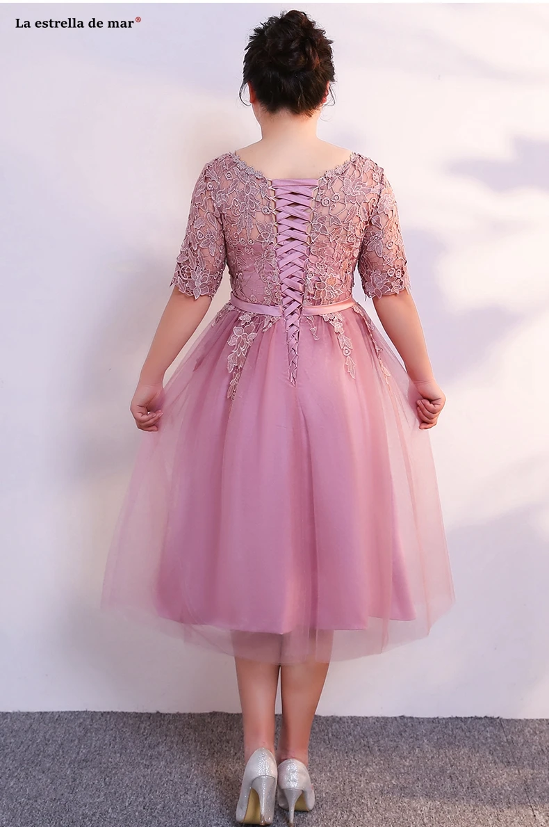 

Plus size vestidos de madrinha new Scoop neck lace half sleeve A Line turquoise blue blush pink wedding guest dress Tea Length
