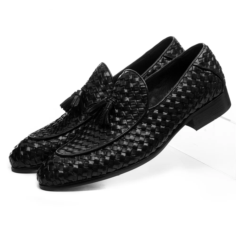 Breathable Brown Tan / Black Woven Design Loafers Summer Mens Wedding Groom Shoes Genuine Leather Male Dress With Tassel | Обувь