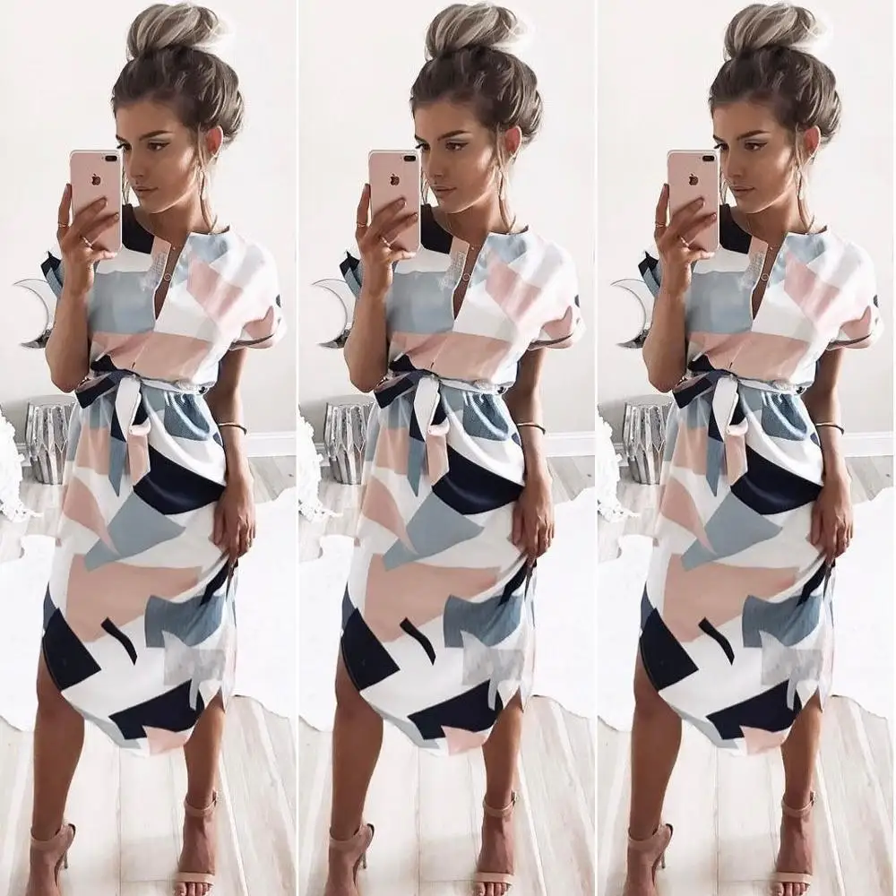 

MisShow Plus Size Striped Summer Short Sleeve Beach Dress Women Loose Short Boho Dress with Sashes Sundress