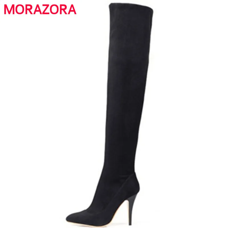 

Женские высокие сапоги MORAZORA, Черные Сапоги выше колена на тонком каблуке, размер 34-45, осенне-зимний сезон 2019