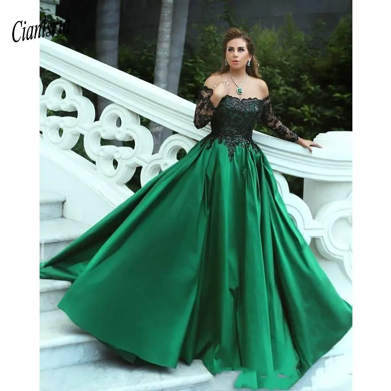 

Elegant Boat Neck Long Sleeve Ball Gown Evening Dress Appliques Lace Formal Evening Party Dresses Robe De Soiree