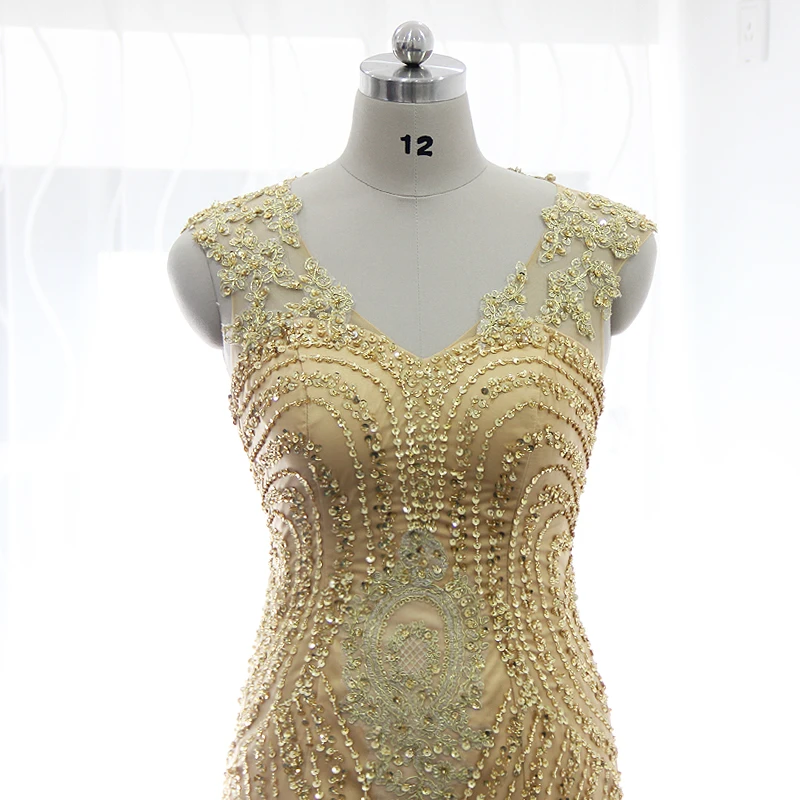 Rose Moda Bling V Neck Gold Mermaid Prom Dress Reflective Dresses 2019