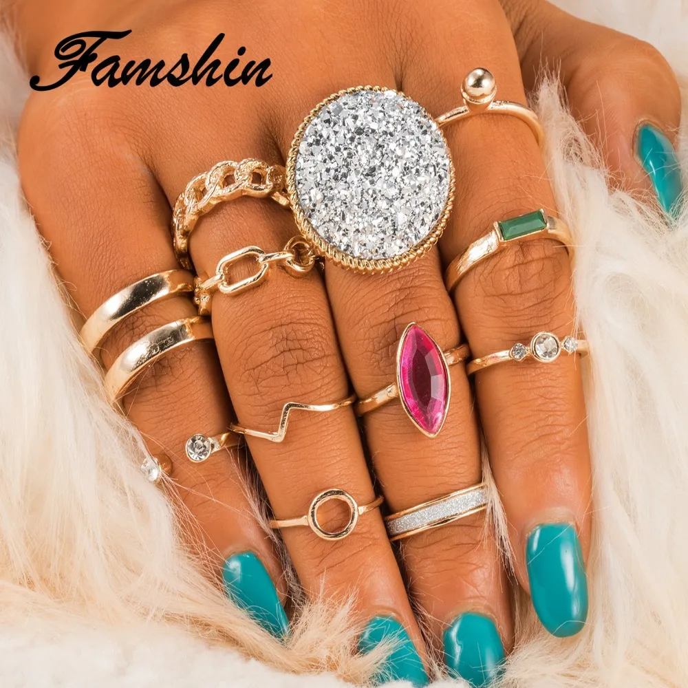 FAMSHIN 12 шт./компл. модные круглые кольца золотого цвета с большими кристаллами