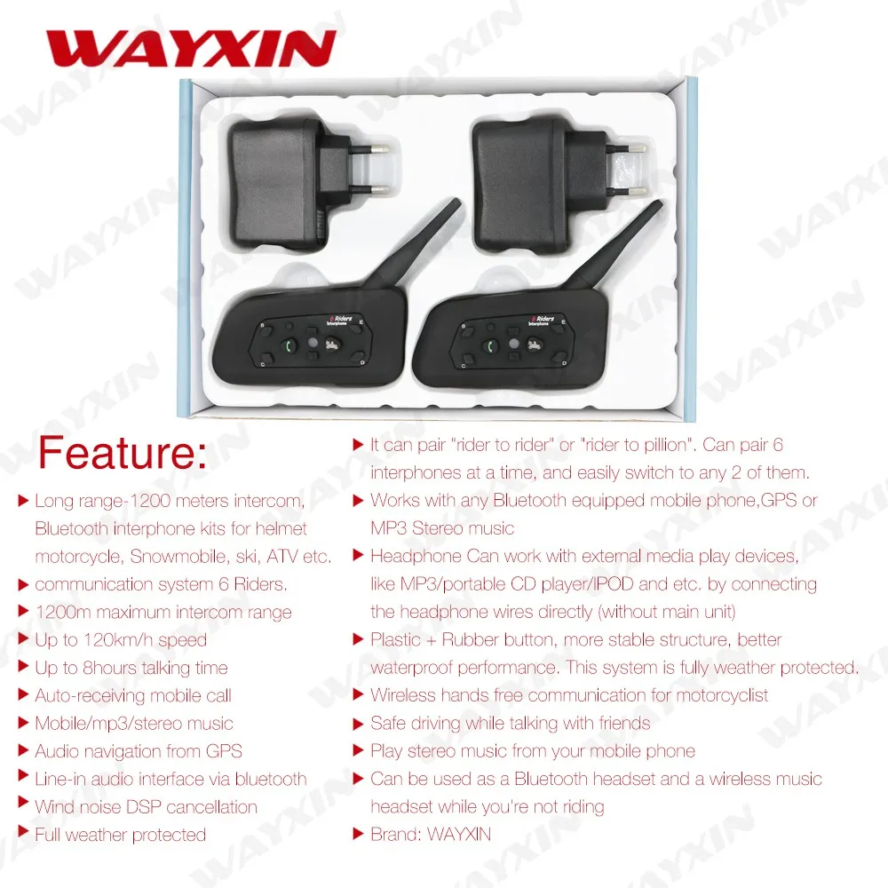 Bluetooth гарнитура Wayxin для мотоциклетного шлема R6 1200 м 2 шт.|motorcycle bluetooth helmet intercom|helmet