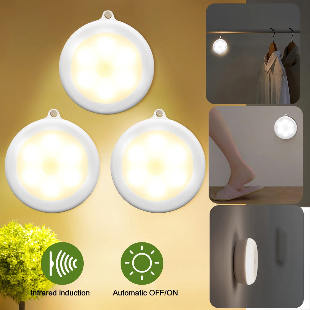 3pcs warm white IVYSHION 1/3, 6 штук в партии, обладает ИК-датчиком движения Сенсор Ночной светильник диаметром 80 мм 6 светодиодов Беспроводной детектор светильник Авто включения/выключения лампы защиты глаз лампы - Испускаемый цвет: 3pcs warm white