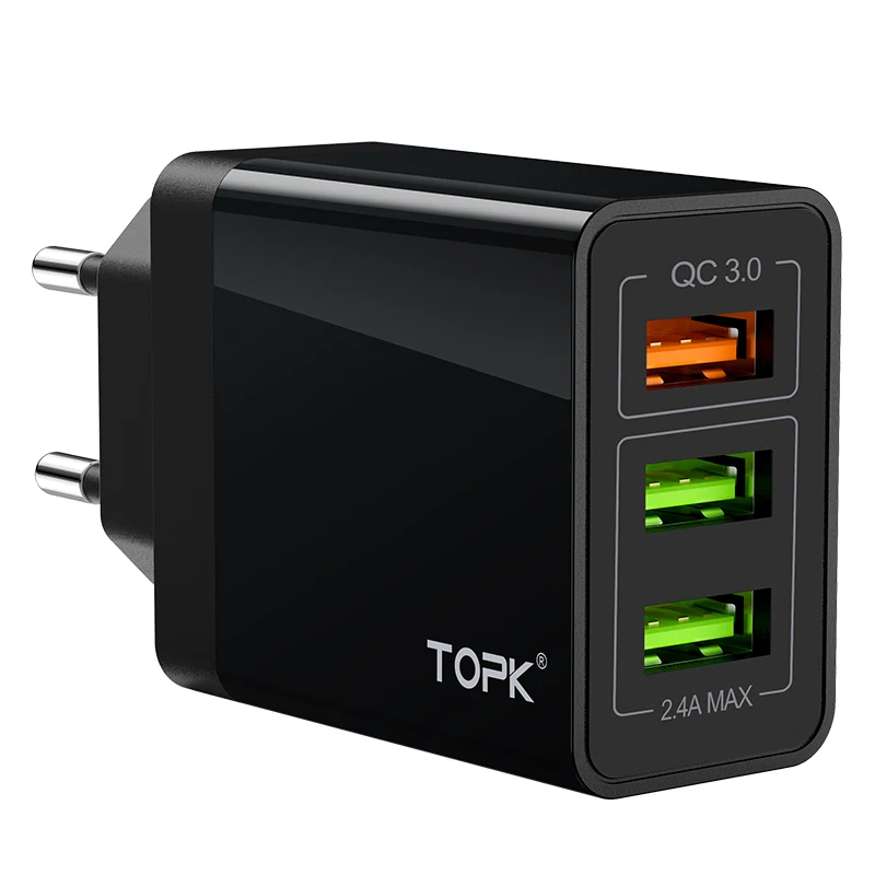 TOPK B348Q USB Quick Charge 3,0 с 3 портами EU настенное зарядное устройство Быстрая зарядка для iPhone samsung Xiaomi huawei - Тип штекера: Black