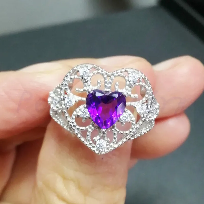 Per jewelry Natural real amethyst love heart style big ring Free shipping 925 sterling silver 0.8ct gemstone T95306 | Украшения и