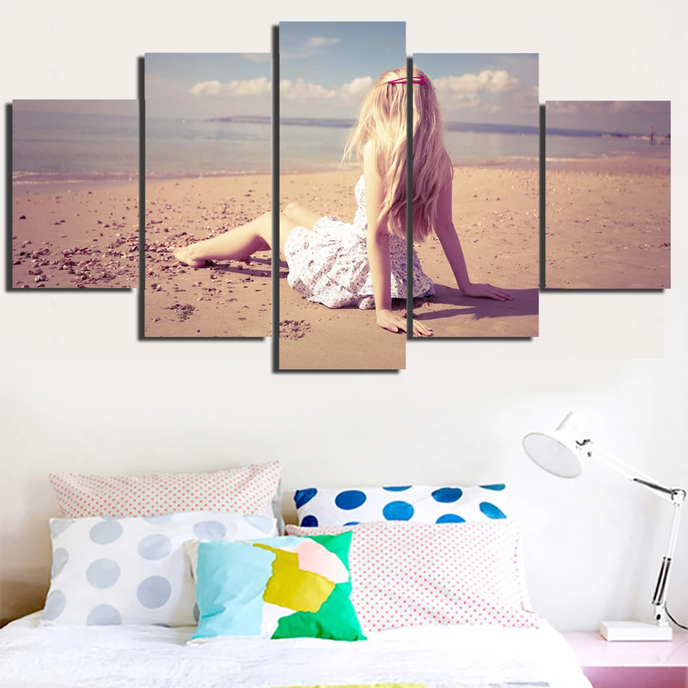 Hot Frameless Canvas Painting Girl on The Beach Modular Landscape Poster Figure Art Wall Sticker Home Decoration 5pcs | Дом и сад