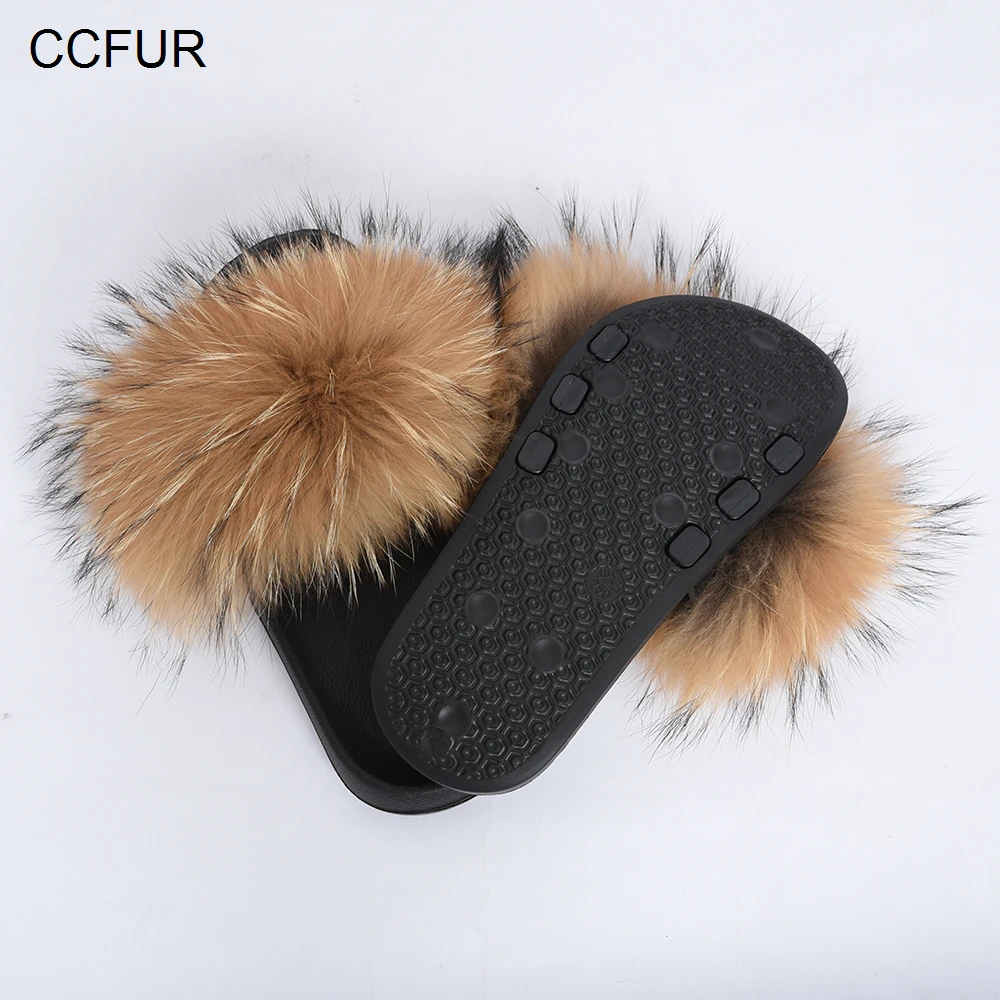 CCFUR Racoon/меховые тапочки; женские шлепанцы с натуральным мехом; модные домашние шлепанцы с пушистым мехом; много цветов; S6045E