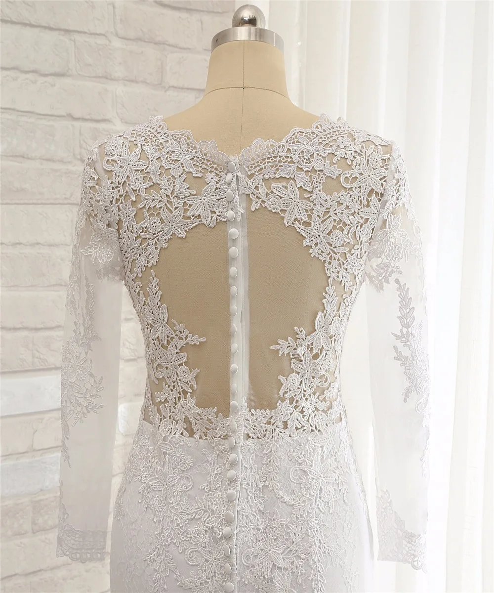 

New Fashion Long Sleeve Wedding Dresses With Long Tail Vintage lace Mermaid Bride Dress amanda novias vestidos de noiva sereia