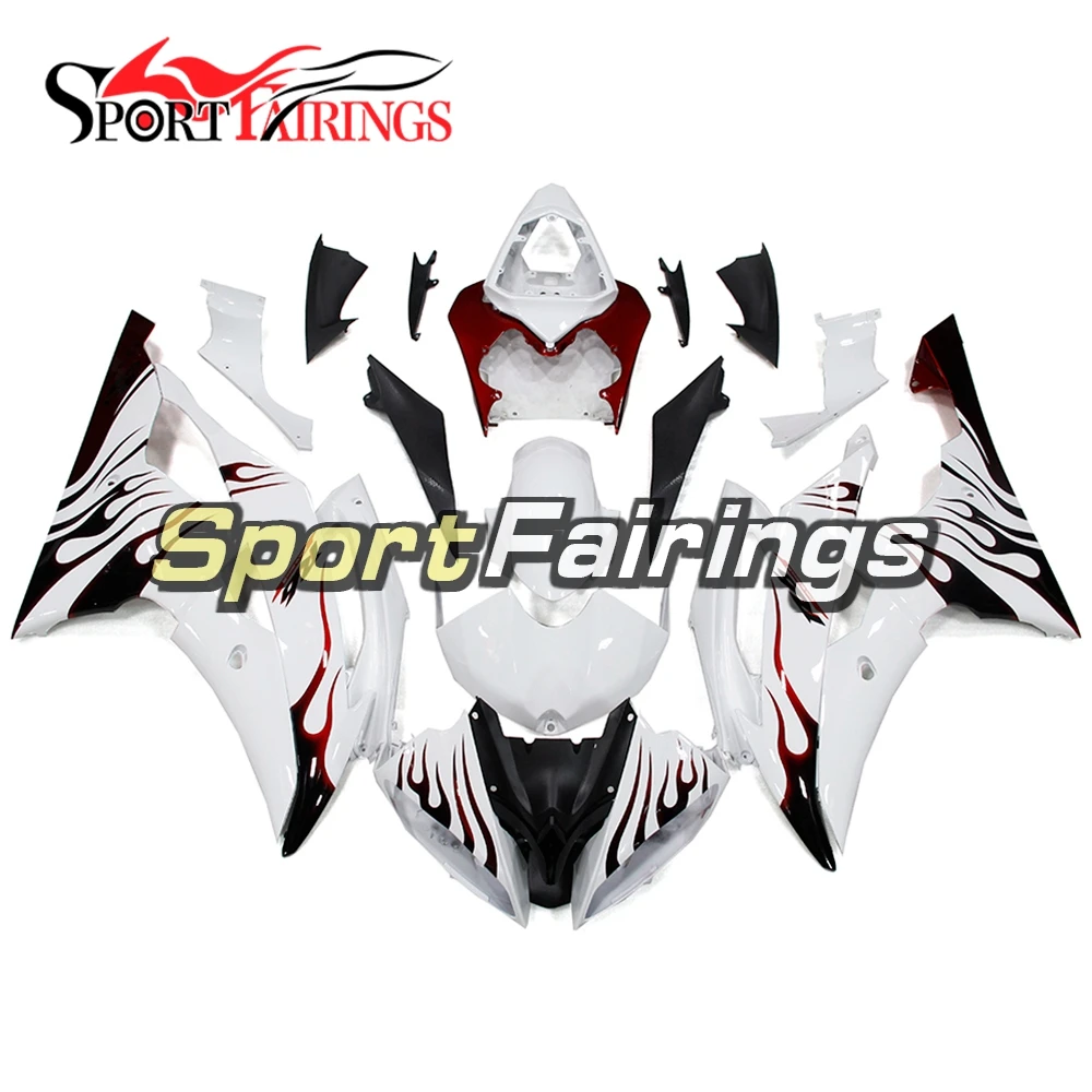 

Корпус для Yamaha YZF-600 R6 2008 2016 08 09 10 11 12 13 14 15 16 ABS пластиковые вставные панели Обтекатели белый с красным пламенем