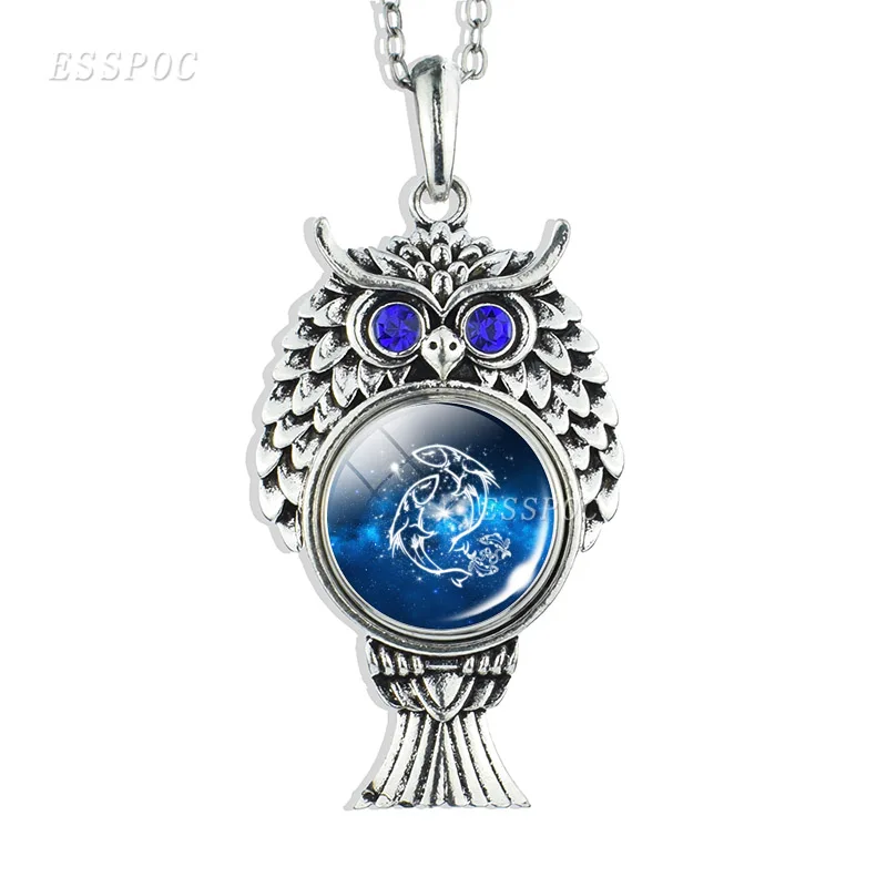 Серебряное ожерелье с совой 12 созвездий синяя подвеска стеклянный кабошон