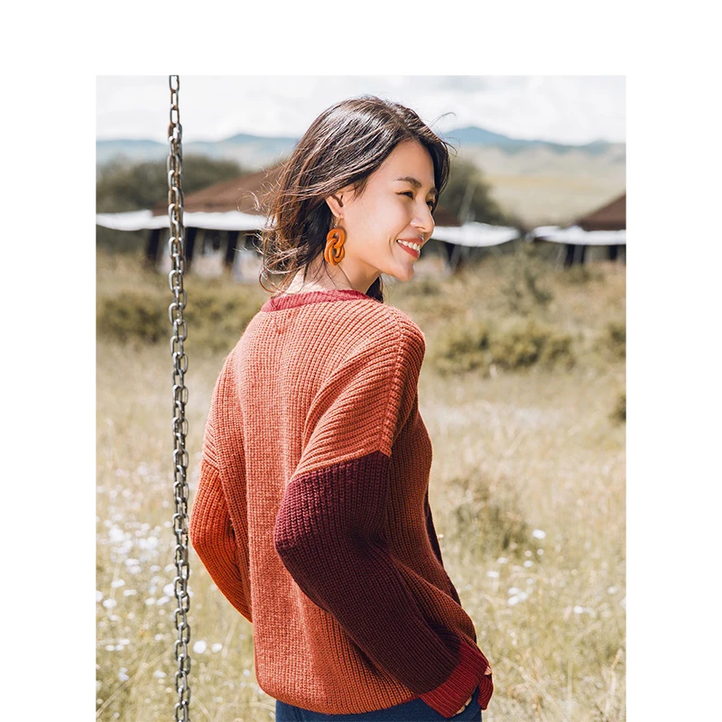 INMAN Winter Female Round Collar Contrast Color Jacquard Loose Retro Literary Pullover Women Sweater | Женская одежда