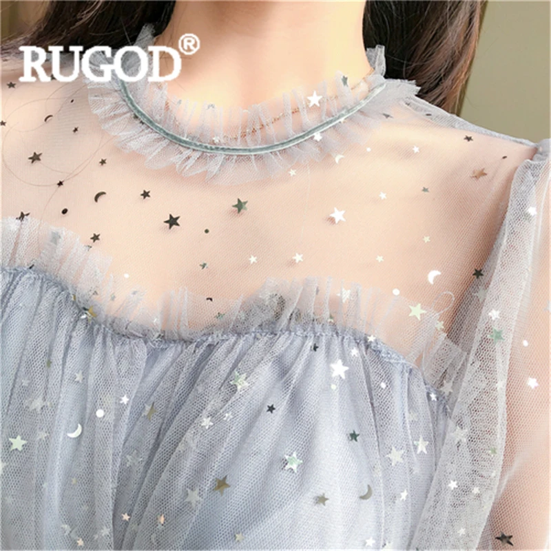 RUGOD Элегантное Длинное платье в сеточку, галстук с изображением звезд, о-образный вырез, расклешенный рукав, а-силуэт, расшитое блестками, платье, новая мода, женское вечернее платье