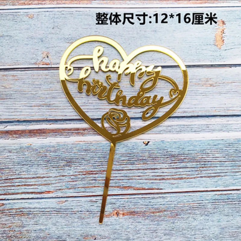 Mirror Effect Gold Happy Birthday Cake Topper Acrylic Baby Shower Birthday Cake Flags Love Heart Cake Decorations Wedding Supply