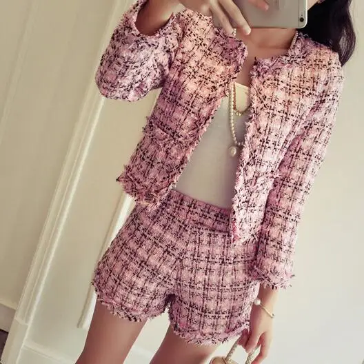 Твидовый Женский комплект 2 шт. приталенный клетчатый короткий на осень и зиму