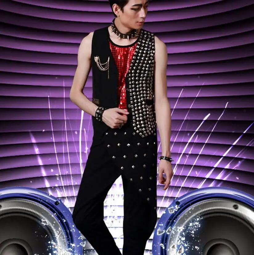 

Lager Size Men Clothing Free Shopping Tide Men Singer Punk Costume Hip-hop Coat Vest / S-xl