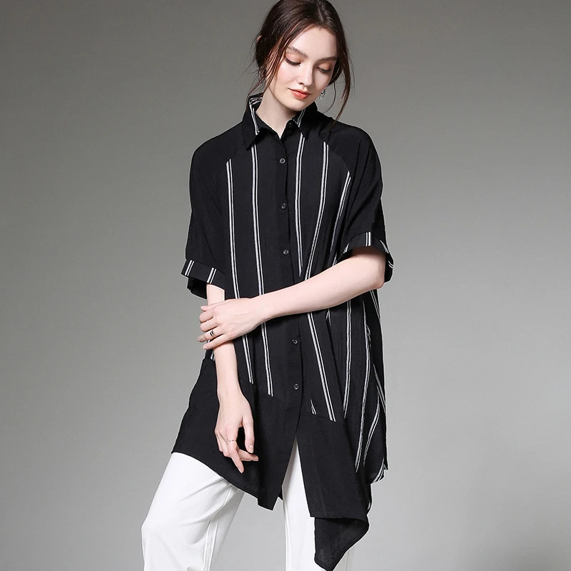 

Plus-size women's 2019 summer new fashion medium long striped patchwork shirt cardigan short sleeve irregularity Elegant shirt