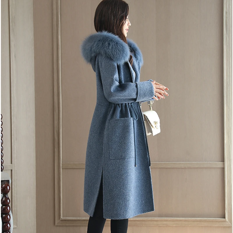 Winter Women Woolen Coat Outerwear Female Medium-long Hooded Trench Big Fur Collar Casual Casaco Feminino Female Jacket