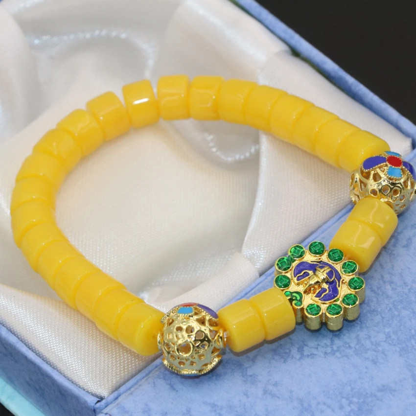 

2 style 6*8mm gold-color cloisonne yellow resin faux beeswax abacus beads strand buddish bracelet jewelry making 7.5inch B2719