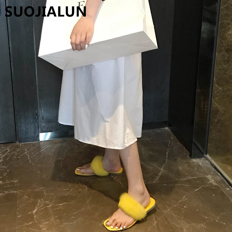 SUOJIALUN/ г.; женские летние пушистые тапочки; женские прозрачные Плюшевые сандалии с лисьим мехом; повседневные уличные шлепанцы на плоской подошве с квадратным носком