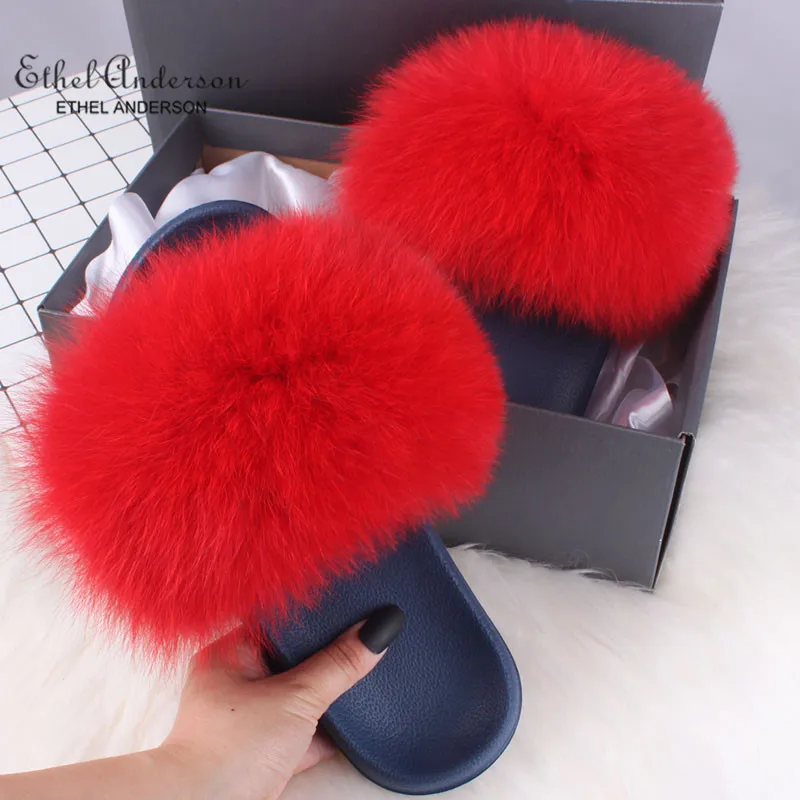 Ethel Anderson Summer Women's Fur Slippers Real Fox Fur Furry Slippers Best Plush Fox Hair Fluffy Slippers Flat Sandals