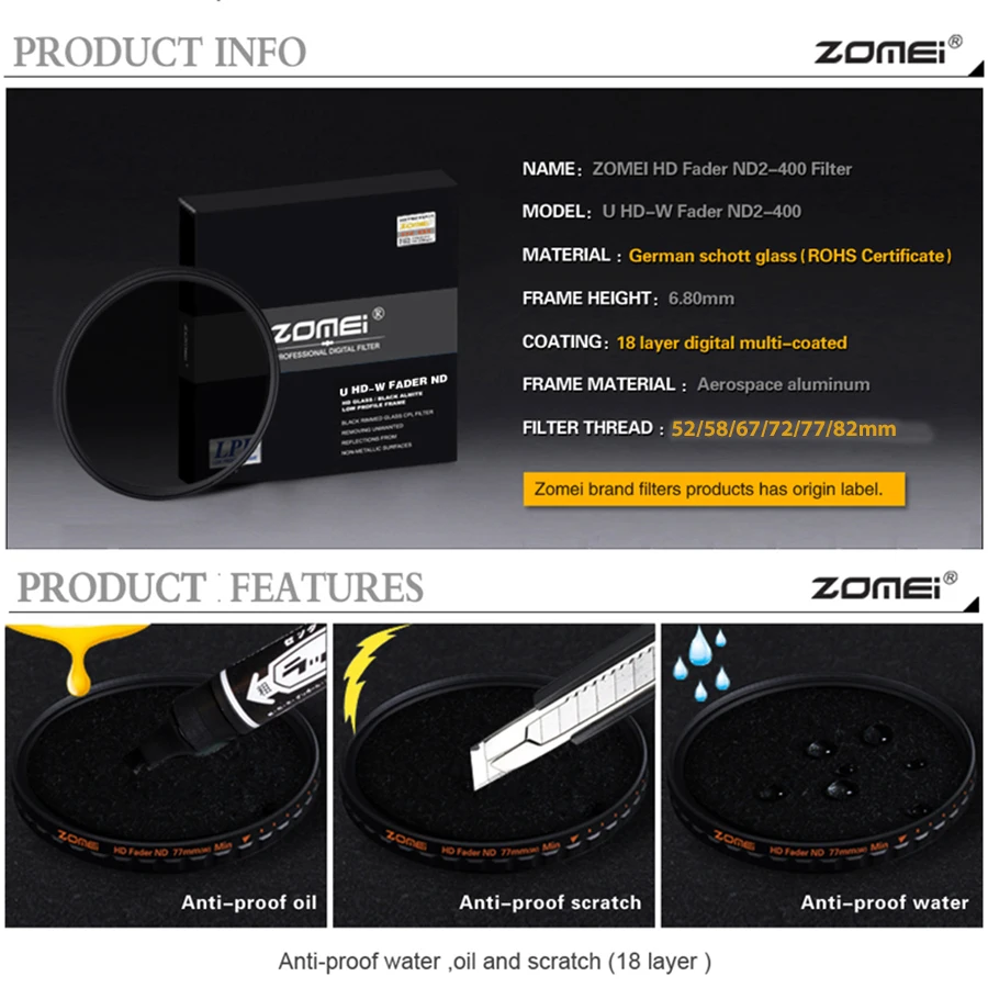 ZOMEI Ultra HD Fader ND2-400 фильтр U HD-W, немецкое стекло, регулируемая переменная нейтральная плотность объектива камеры 52-82 мм